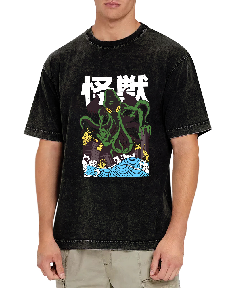 Japanese Octopus Pattern Vintage Distressed T-shirt-Zazasy