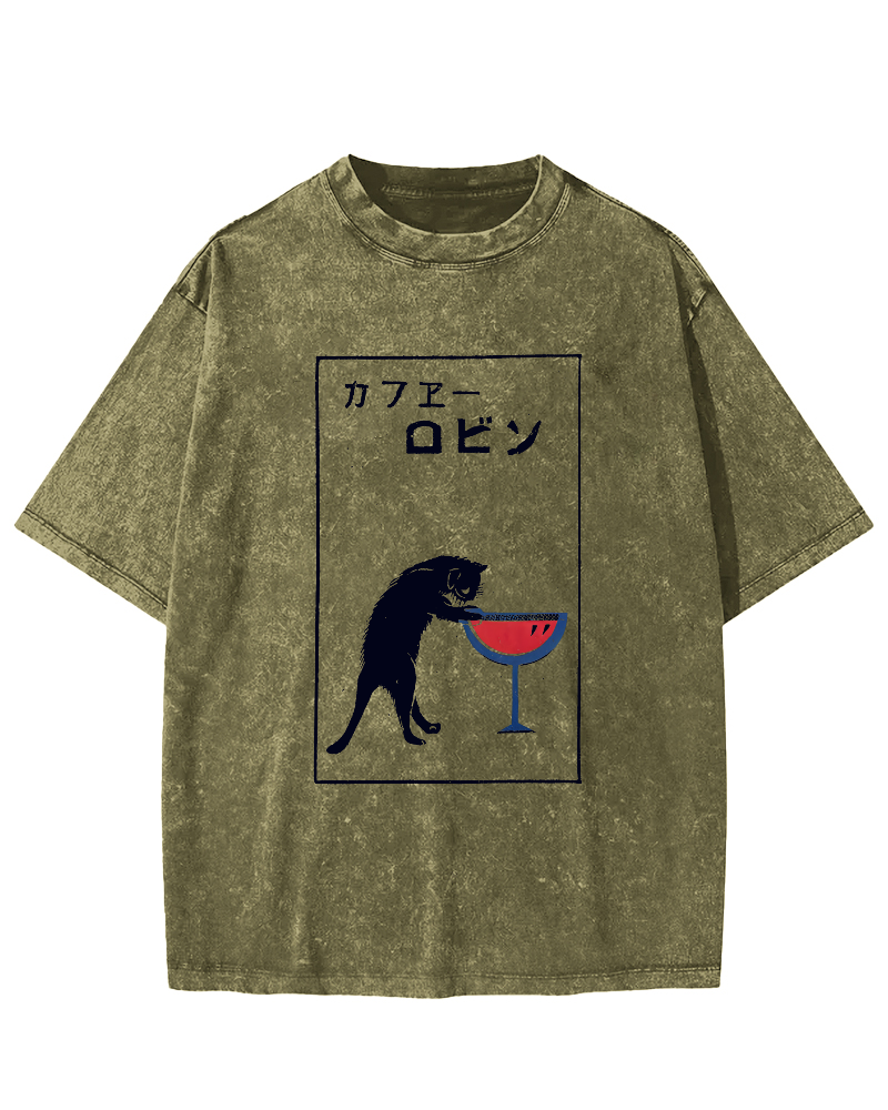 Japanese Script Red wine cat Vintage Distressed T-shirt-Zazasy