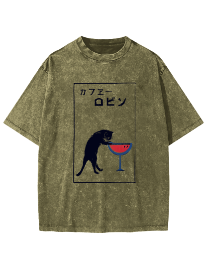 Japanese Script Red wine cat Vintage Distressed T-shirt-Zazasy