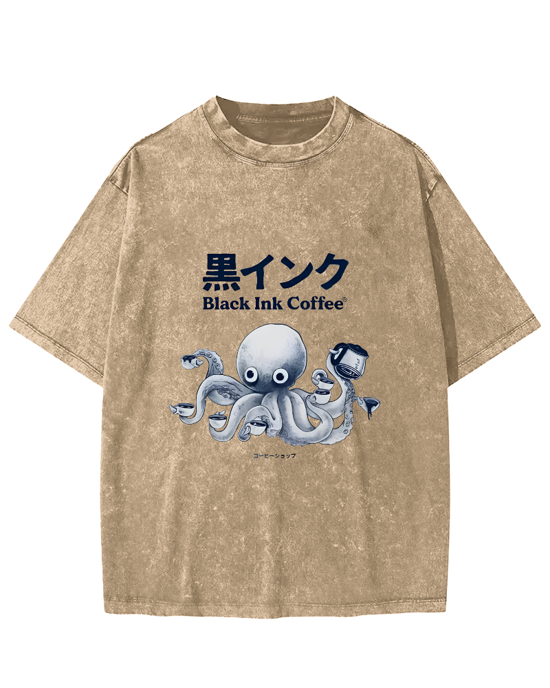 Japanese Octopus Pattern Leisure Vintage Distressed T-shirt-Zazasy