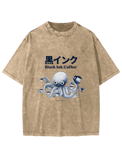 Japanese Octopus Pattern Leisure Vintage Distressed T-shirt-Zazasy