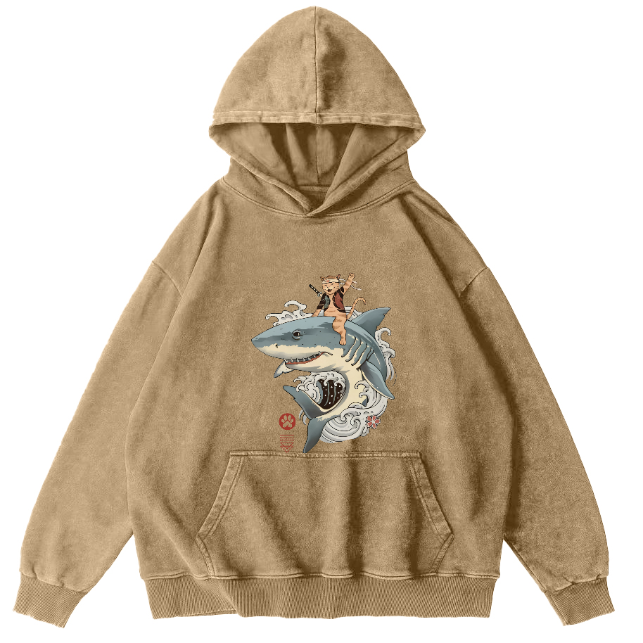 Cat Warrior Riding Shark Japanese Washed Hoodie-Zazasy