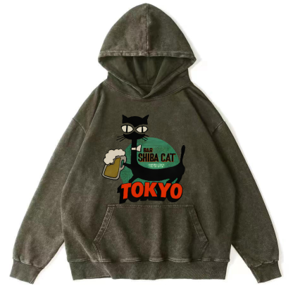 Tokyo Black Cat Vintage Distressed Hoodie-Zazasy
