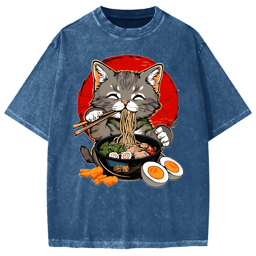 Japanese Anime Cat Eating Ramen Vintage Washed T-shirt