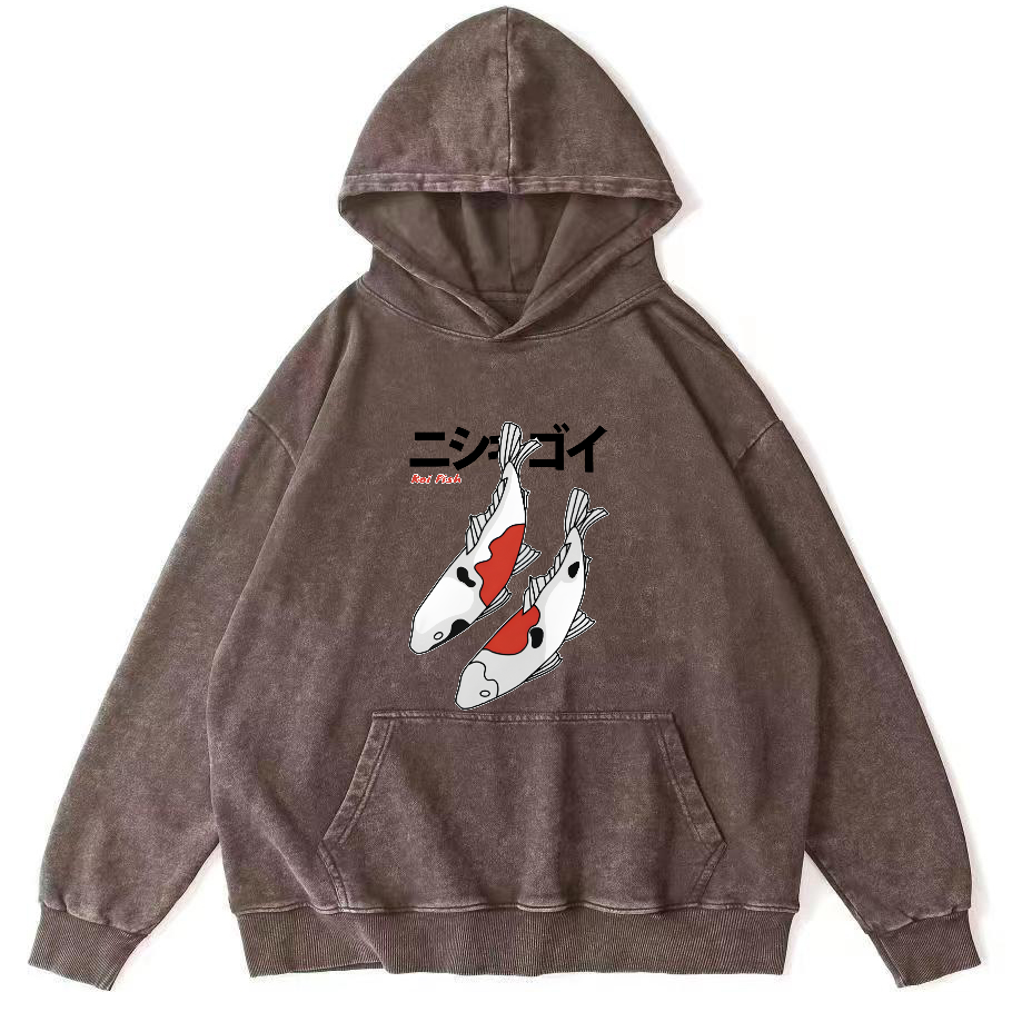 Koi Painting Pattern Japanese Style Vintage Distressed Hoodie-Zazasy