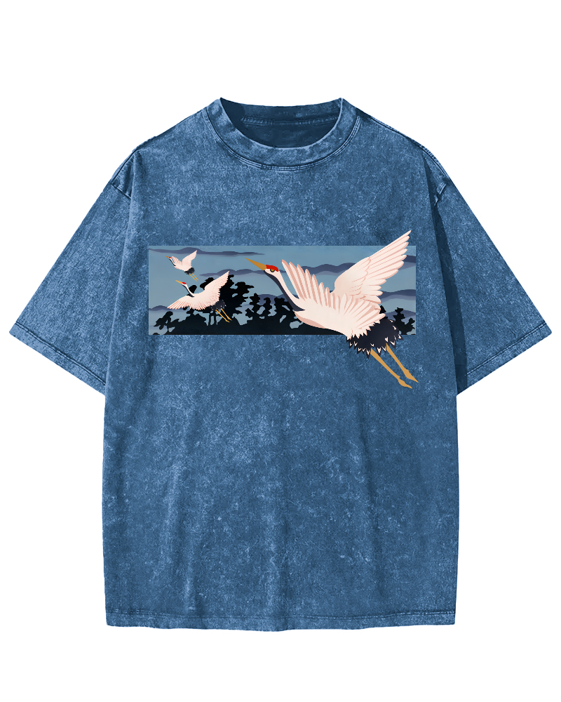 Idle Clouds, Wild Cranes, Japanese Style Vintage Washed T-shirt-Zazasy