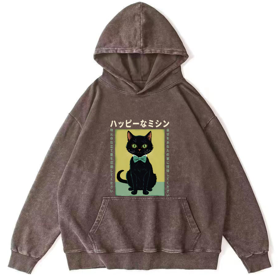 Kitten Pattern Japanese Washed Hoodie-Zazasy