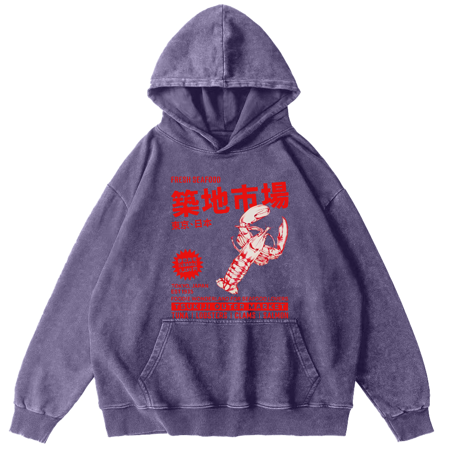 Tokyo Tsukiji Seafood Market Vintage Washed Hoodie-Zazasy