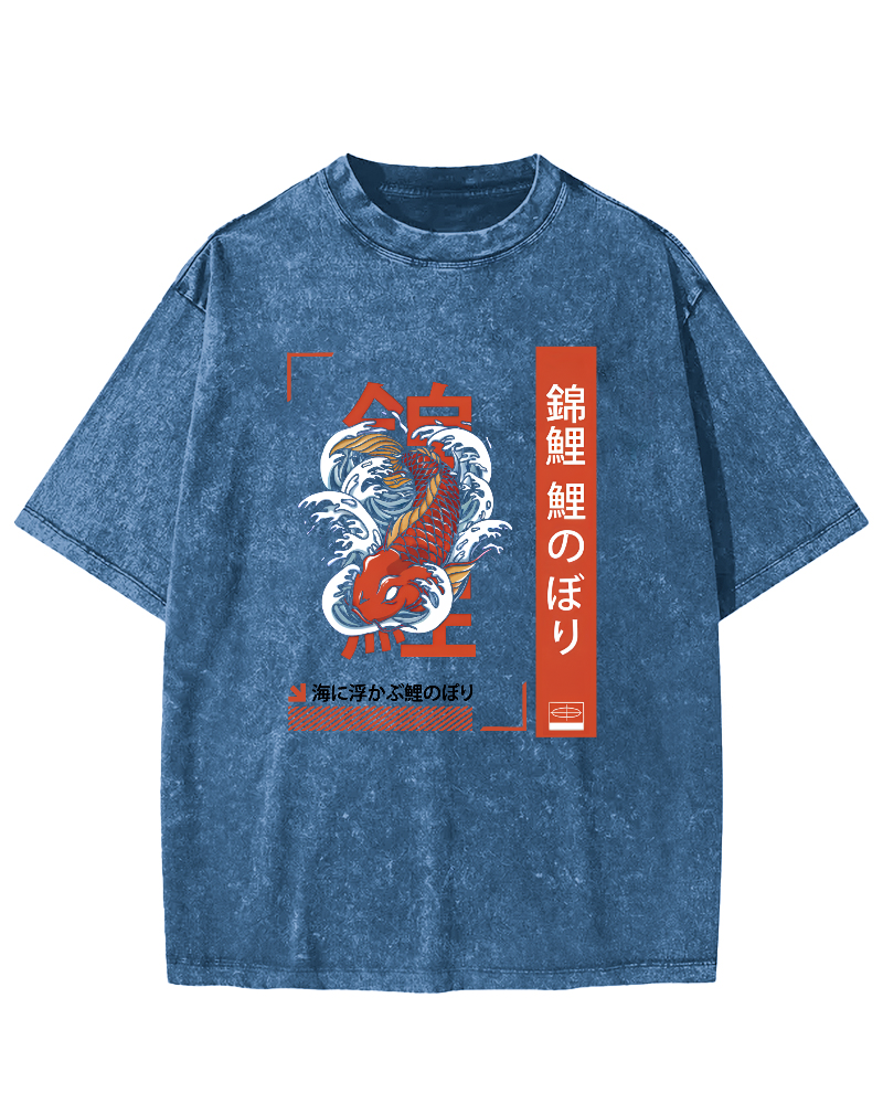 Japanese Script Koi Pattern Vintage Distressed T-shirt-Zazasy