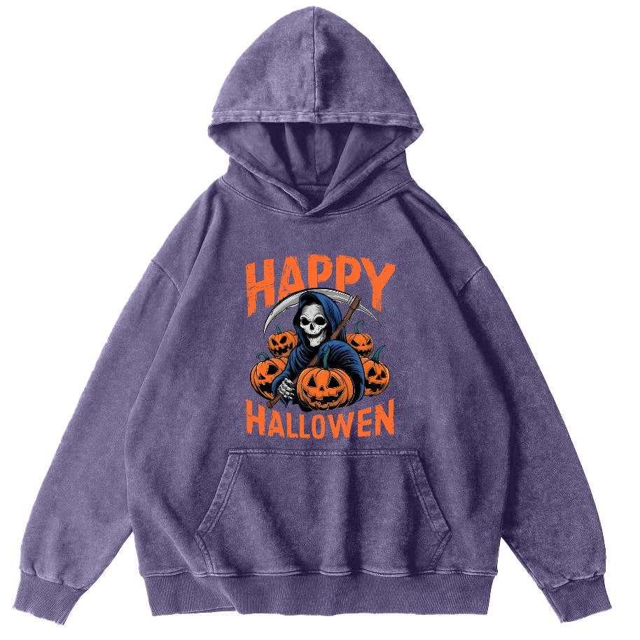 Halloween Pumpkin Lamp  Vintage Washed Hoodie-Zazasy