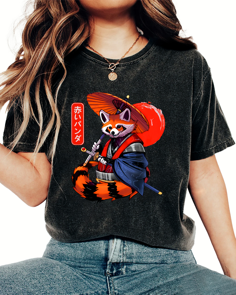 Japanese Red Fox Warrior Vintage Washed T-shirt-Zazasy