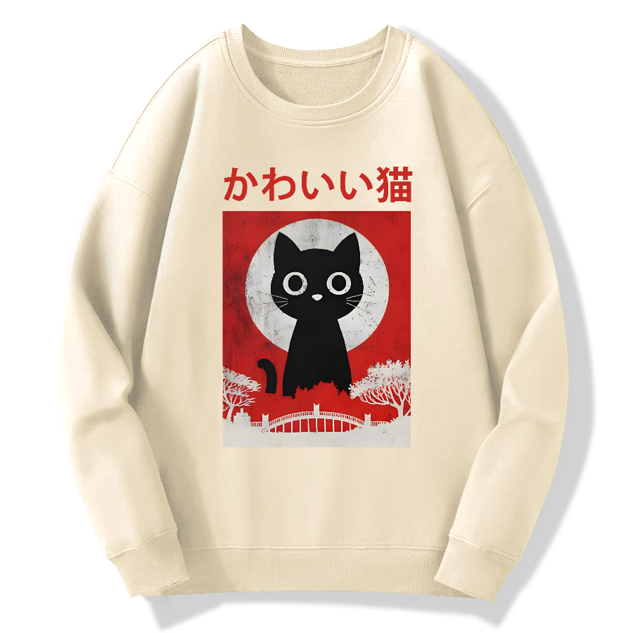 Retro Cute Black Cat Cotton Pullover Sweatshirt