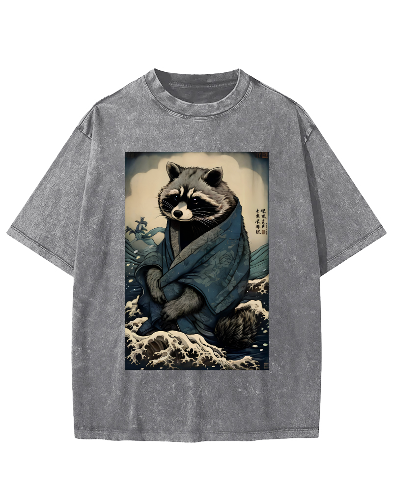 Raccoon in The Waves, Japanese Style Vintage Washed T-shirt-Zazasy