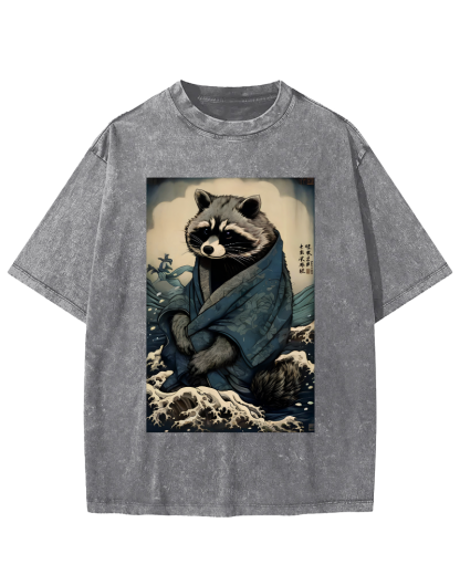 Raccoon in The Waves, Japanese Style Vintage Washed T-shirt-Zazasy