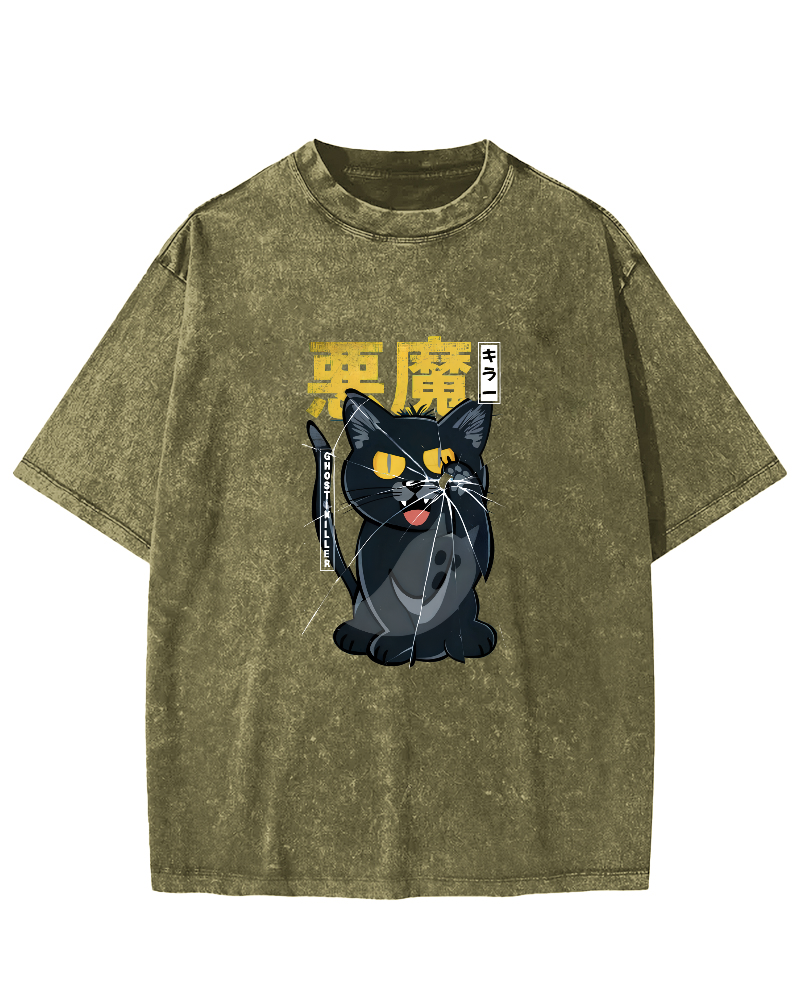 Retro Mischievous Cat Pattern Vintage Distressed T-shirt-Zazasy