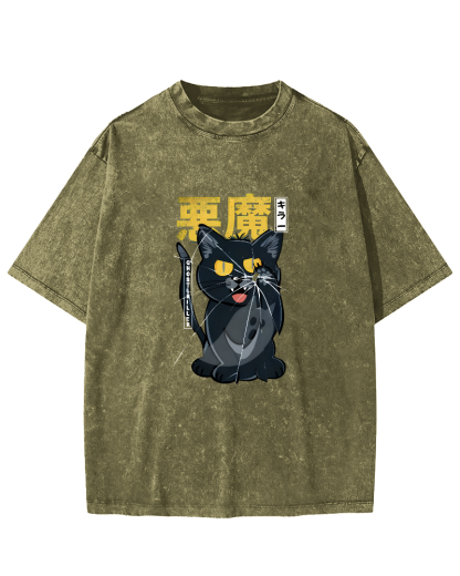 Retro Mischievous Cat Pattern Vintage Distressed T-shirt-Zazasy