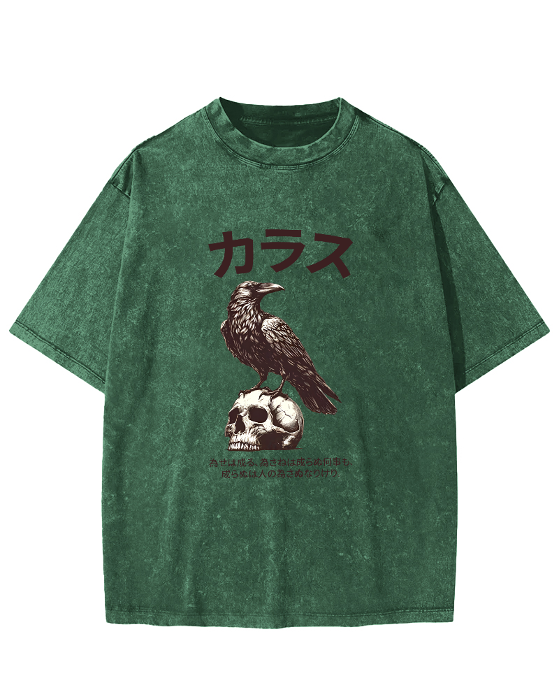 Retro Crow Pattern Japanese Style Vintage Distressed T-shirt-Zazasy