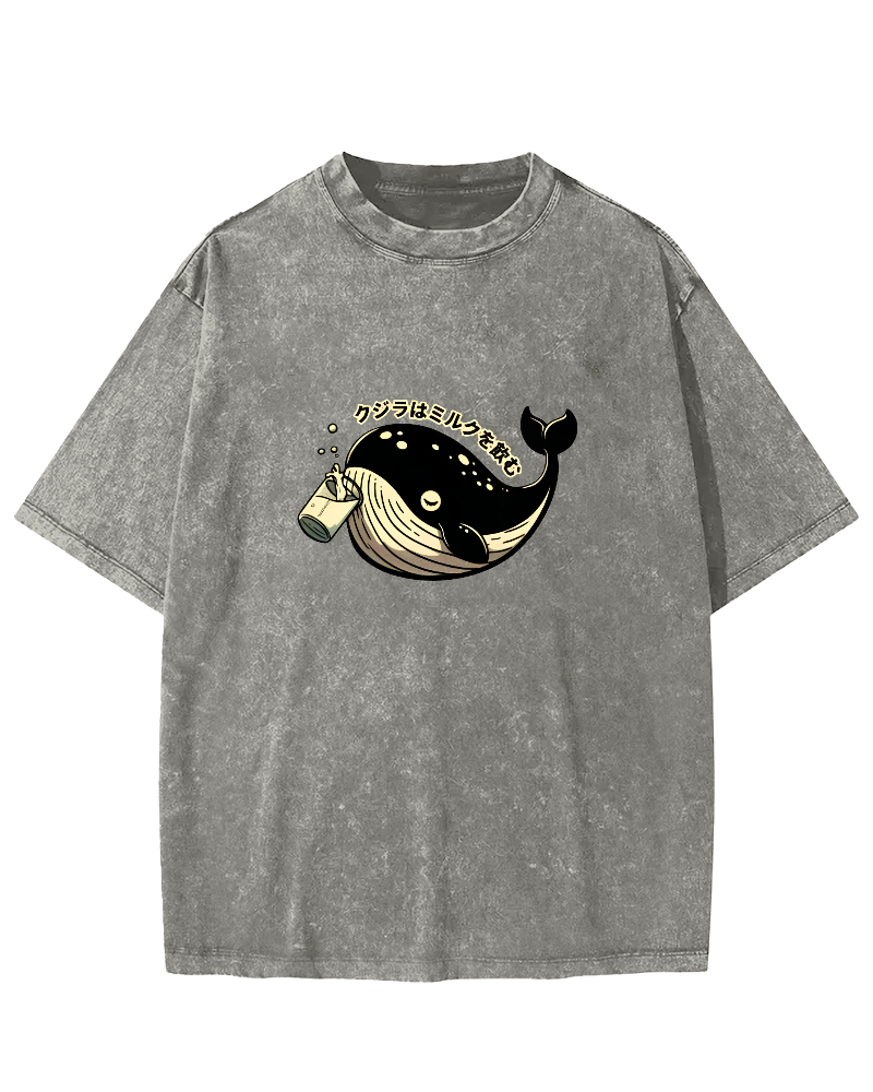 Japanese Whale Pattern Vintage Distressed T-shirt-Zazasy