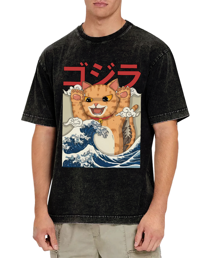Cat in the Waves, Japanese Style Vintage Washed T-shirt-Zazasy