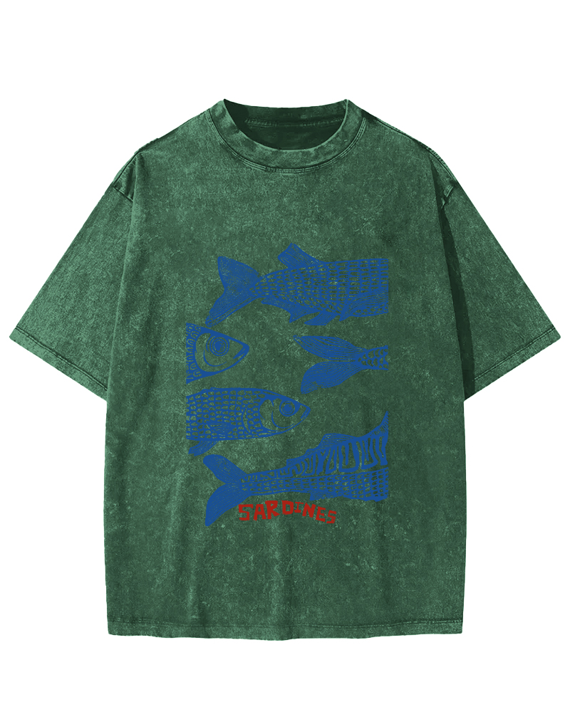 Retro Sea Fish Pattern Vintage Distressed T-shirt-Zazasy