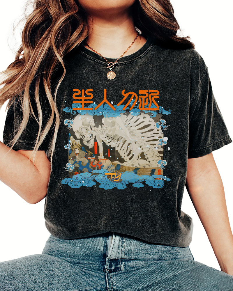 Skeleton Japanese Vintage Washed T-shirt-Zazasy