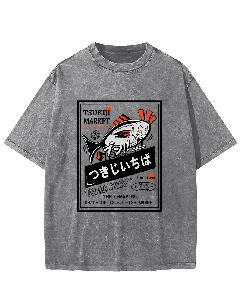 Small Fish Pattern Japanese Style Vintage Distressed T-shirt-Zazasy