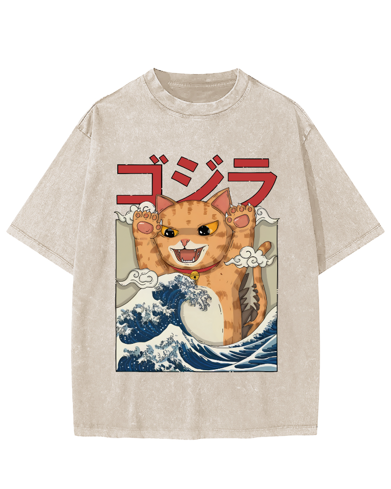 Cat in the Waves, Japanese Style Vintage Washed T-shirt-Zazasy