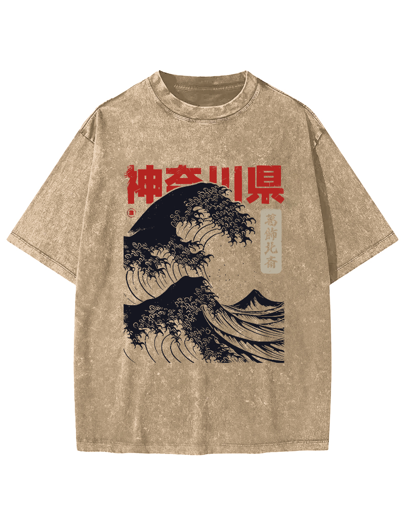 Shennai Giant Wave Vintage Washed T-shirt-Zazasy