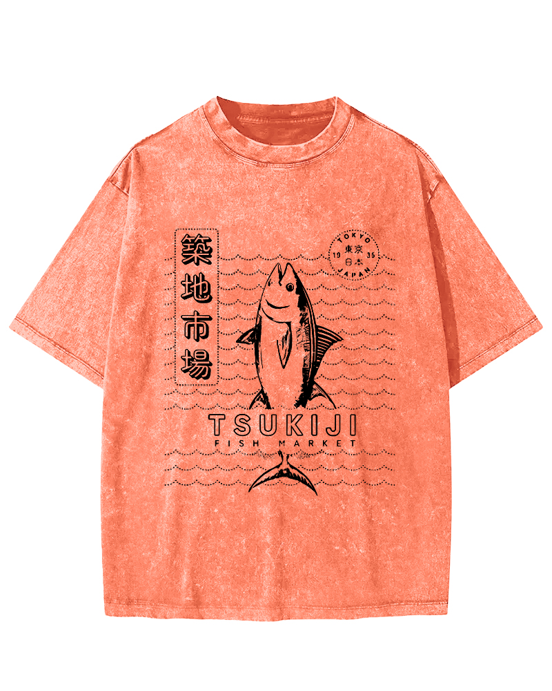 Tuna at Tsukiji Market in Tokyo, Japan Vintage Washed T-shirt-Zazasy