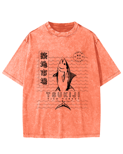 Tuna at Tsukiji Market in Tokyo, Japan Vintage Washed T-shirt-Zazasy