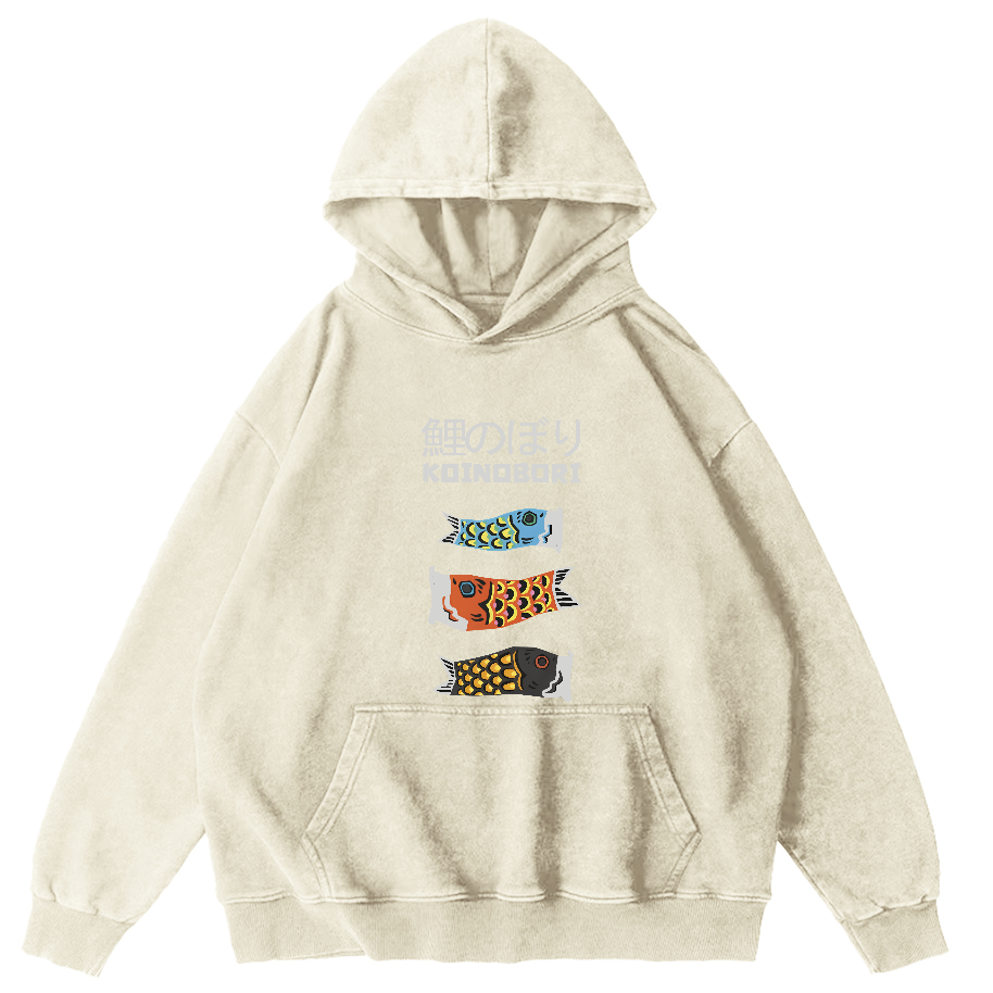 Koi Painting Pattern Japanese Style Vintage Distressed Hoodie-Zazasy