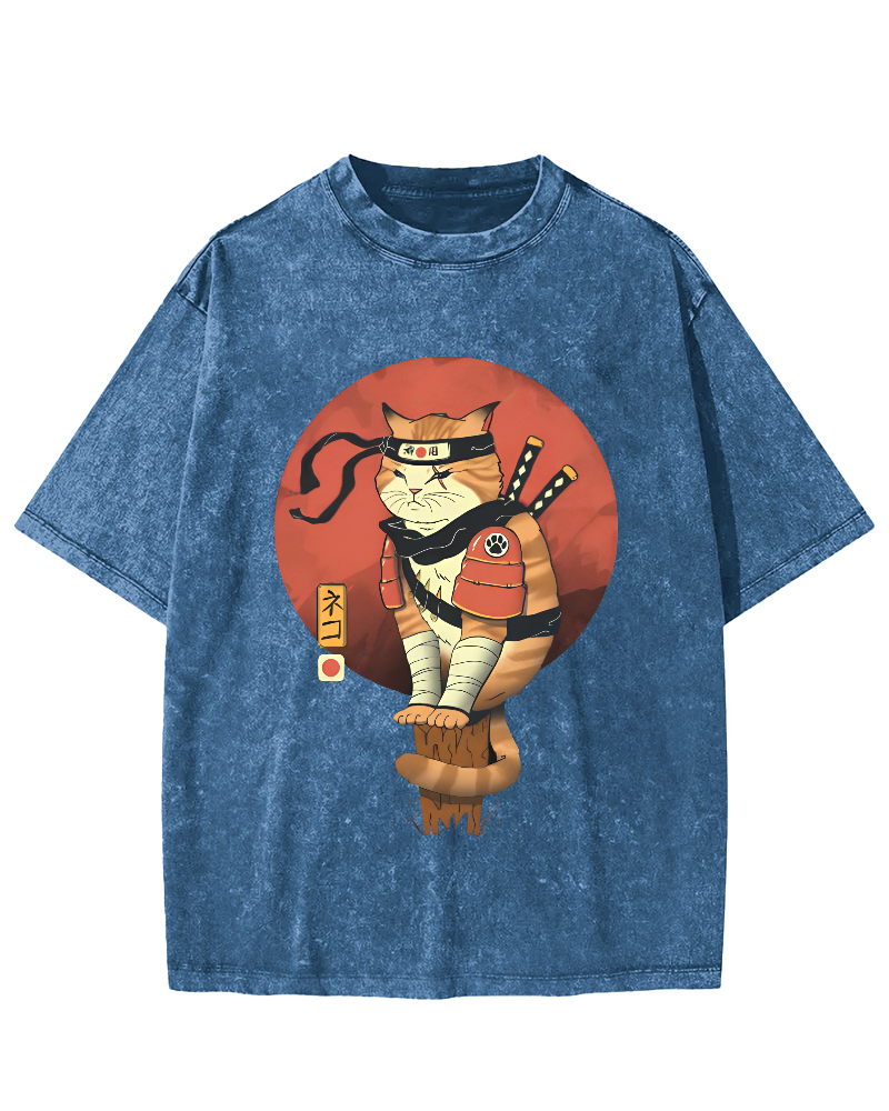 Abstract Samurai Cat Pattern Japanese Style Vintage Distressed T-shirt-Zazasy