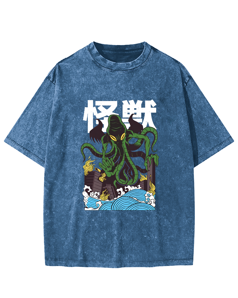 Japanese Octopus Pattern Vintage Distressed T-shirt-Zazasy