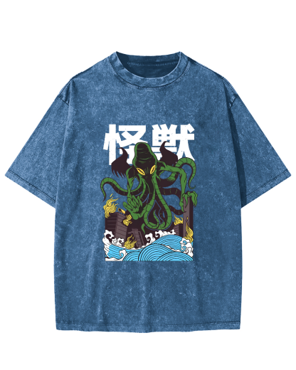 Japanese Octopus Pattern Vintage Distressed T-shirt-Zazasy