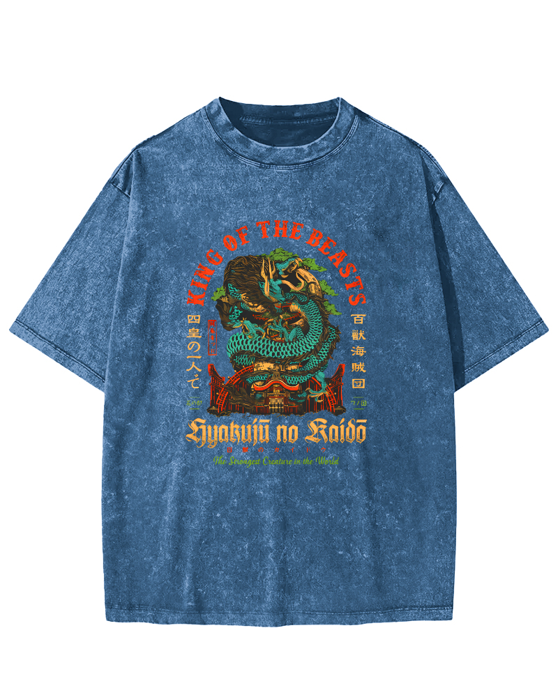 Japanese Mythological Dragon Pattern Vintage Distressed T-shirt-Zazasy