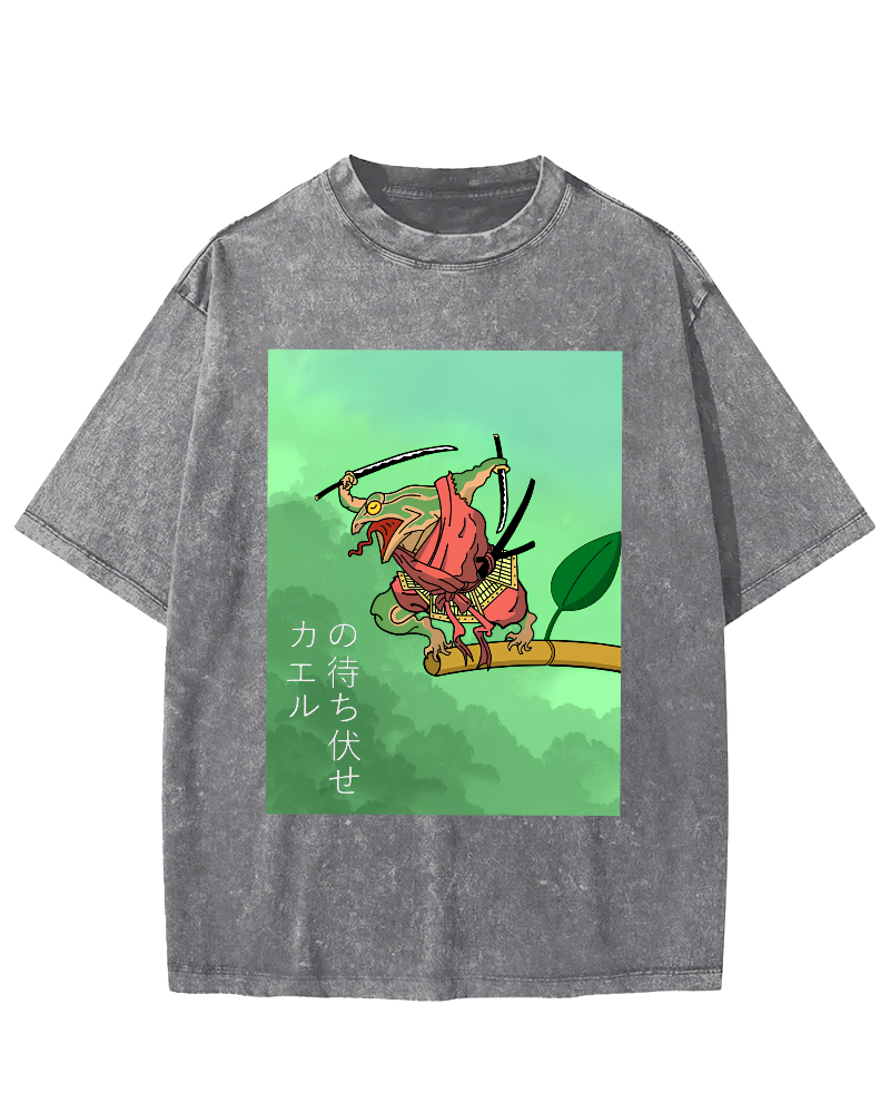 Frog Guardian Japanese Style Vintage Washed T-shirt-Zazasy