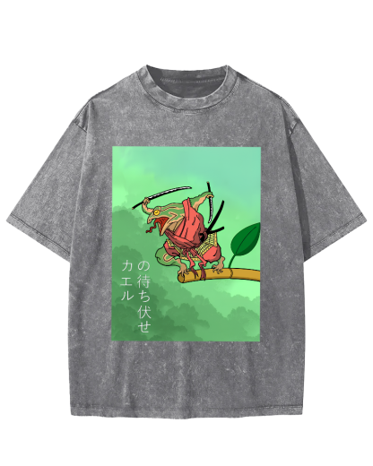 Frog Guardian Japanese Style Vintage Washed T-shirt-Zazasy