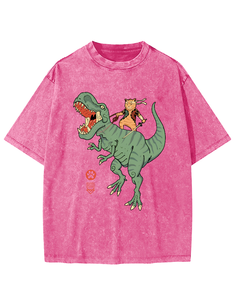 Japanese Style Warrior Cat Riding a Dinosaur Vintage Distressed T-shirt-Zazasy