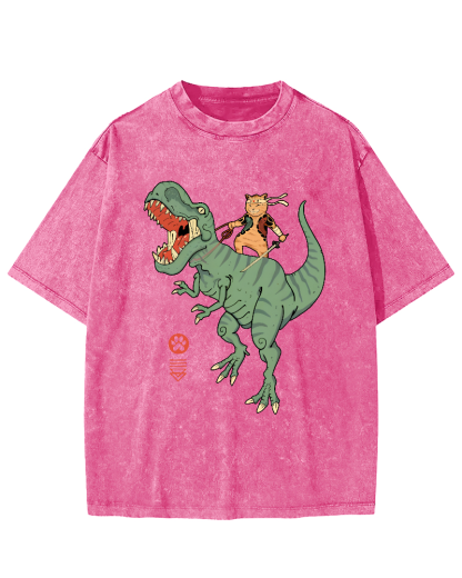 Japanese Style Warrior Cat Riding a Dinosaur Vintage Distressed T-shirt-Zazasy