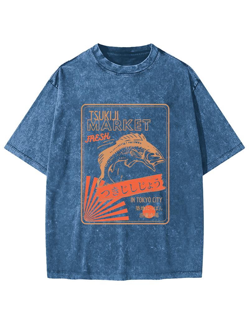 Tsukiji Seafood Market in Japan Vintage Washed T-shirt-Zazasy