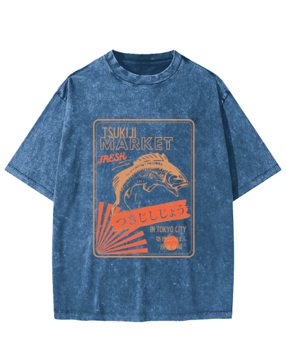 Tsukiji Seafood Market in Japan Vintage Washed T-shirt-Zazasy