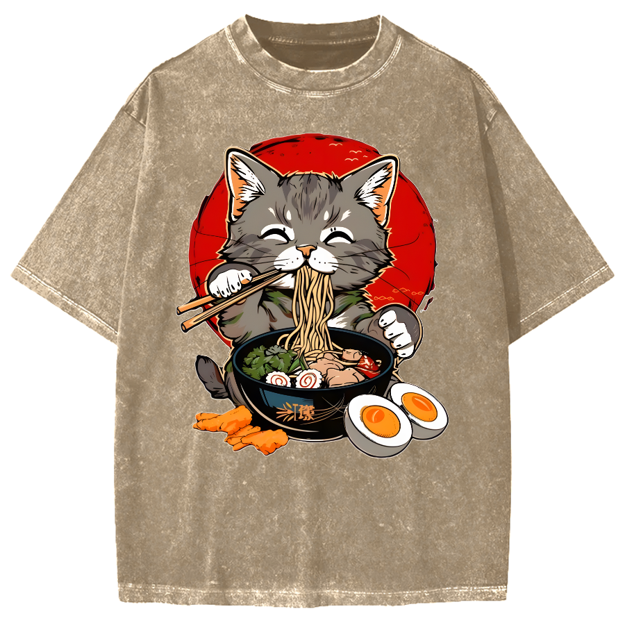 Japanese Anime Cat Eating Ramen Vintage Washed T-shirt