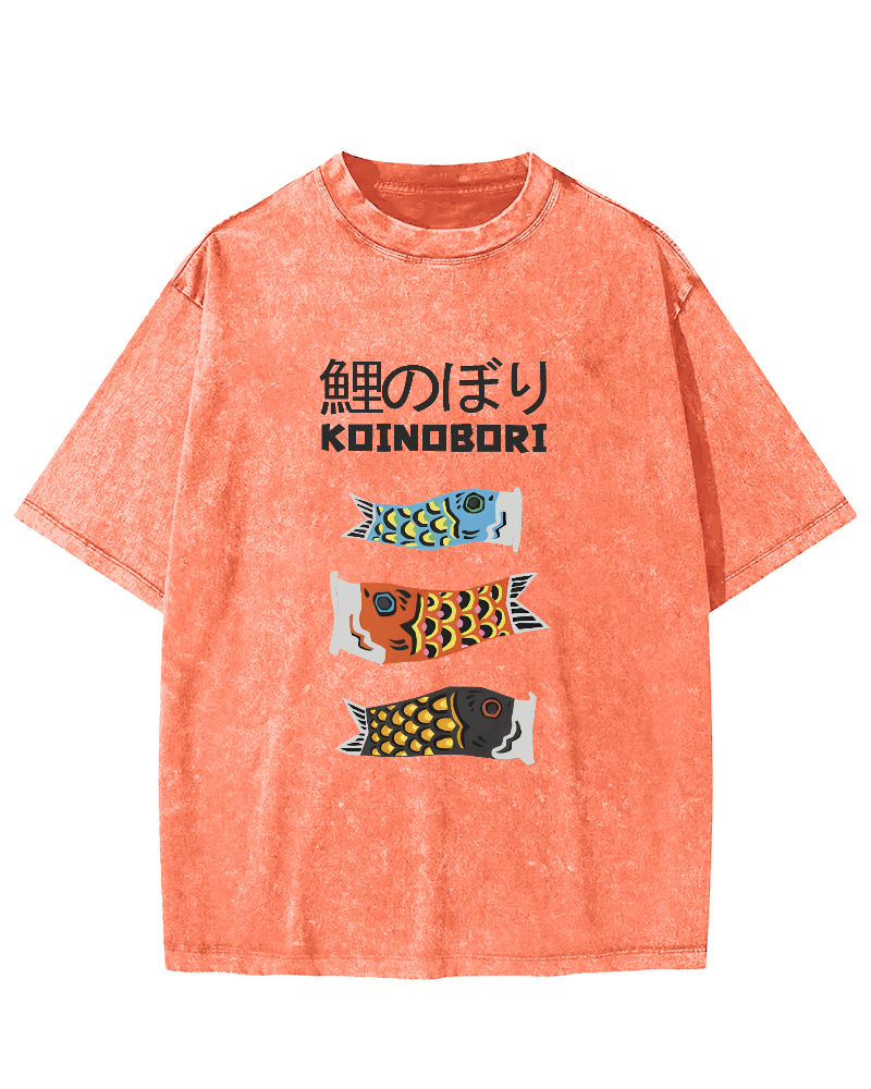 Cartoon Fish Painting Pattern Japanese Style Vintage Distressed T-shirt-Zazasy