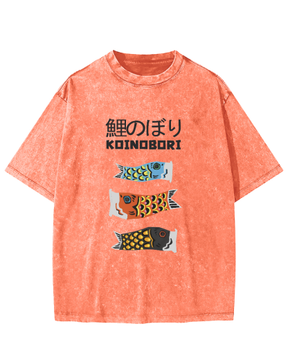 Cartoon Fish Painting Pattern Japanese Style Vintage Distressed T-shirt-Zazasy