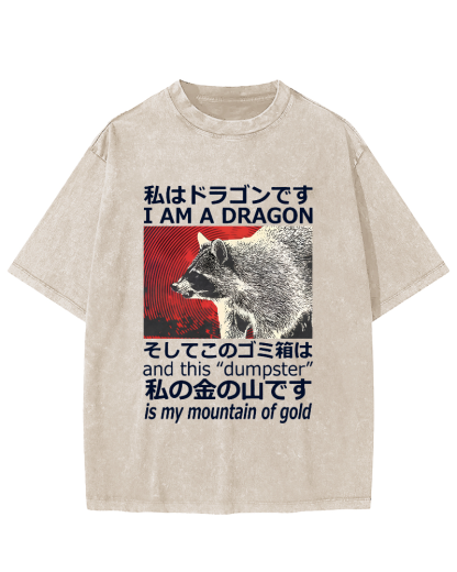 Dragon Raccoon Japanese Vintage Washed T-shirt-Zazasy