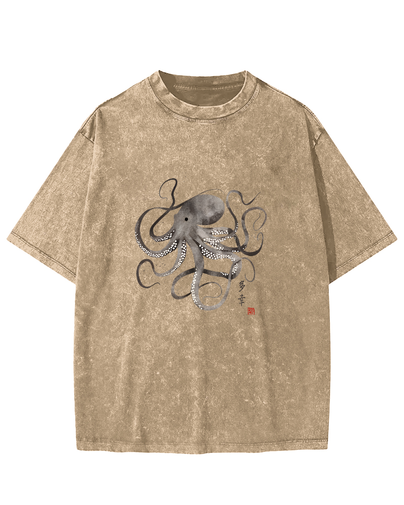 Japanese Octopus Pattern Vintage Distressed T-shirt-Zazasy
