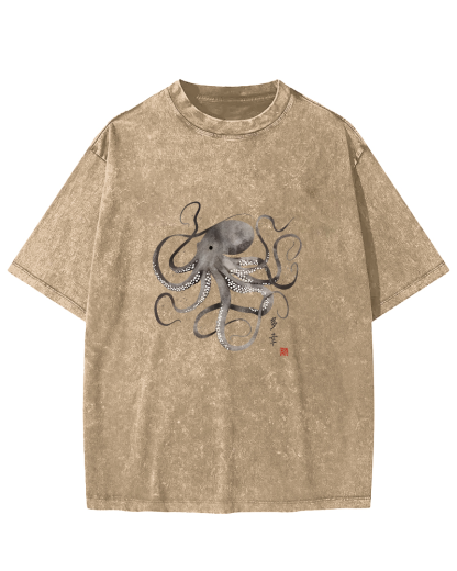 Japanese Octopus Pattern Vintage Distressed T-shirt-Zazasy
