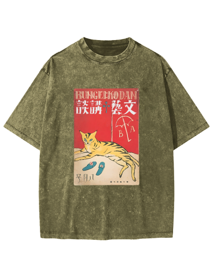 Japanese Cat Pattern Vintage Distressed T-shirt-Zazasy