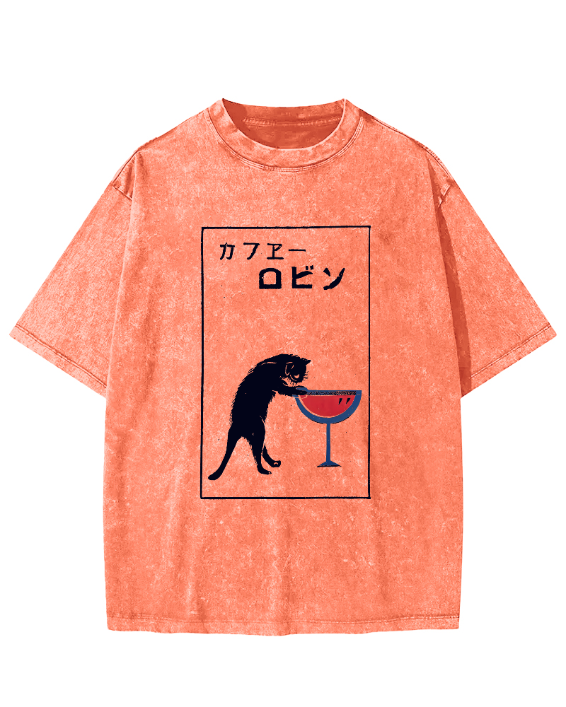 Japanese Script Red wine cat Vintage Distressed T-shirt-Zazasy