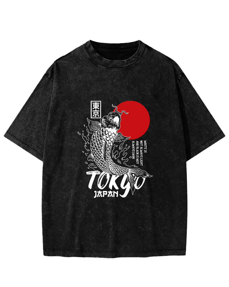 Japanese Script Koi Pattern Vintage Distressed T-shirt-Zazasy